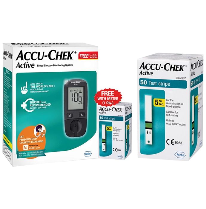Accu-Chek Active Combo of Glucometer with 10 Test Strip Free and 50 Test Strips