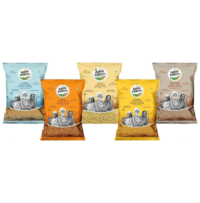 Adithi Millets Combo Pack of Millet Rice Foxtail, Little, Proso, Kodo, Barnyard (500gm Each)