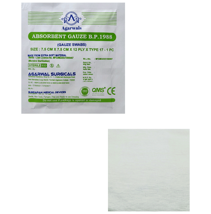 Agarwals Absorbent Gauze B.P. 1988 Gauze Swaps Sterile (Single Pack) 7.5cm x 7.5cm x 12ply x Type 17