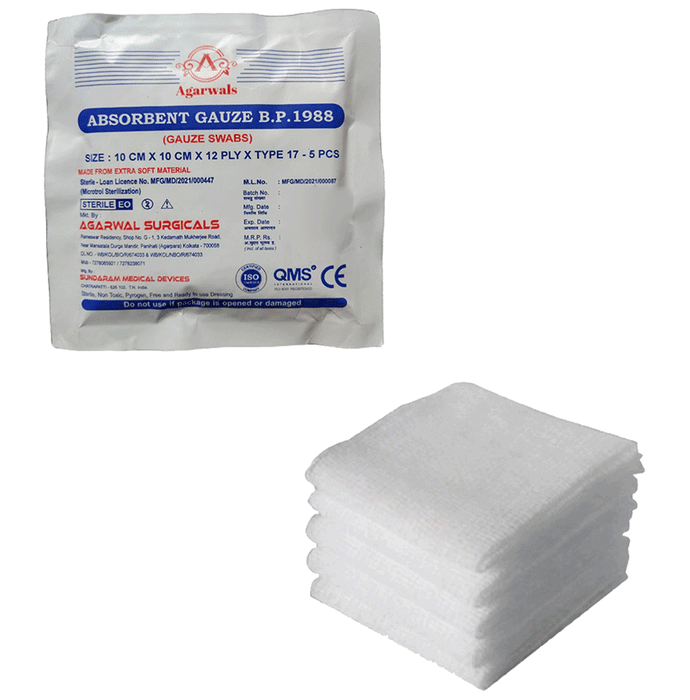 Agarwals Absorbent Gauze B.P.1988 Gauze Swabs Sterile (5Pcs/Pack) 10cm x 10cm x 12ply x Type 17