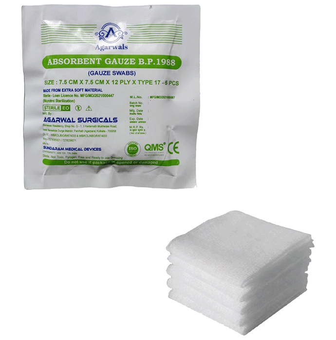 Agarwals Absorbent Gauze B.P.1988 Gauze Swabs Sterile (5Pcs/Pack) 7.5cm x 7.5cm x 12ply x Type 17