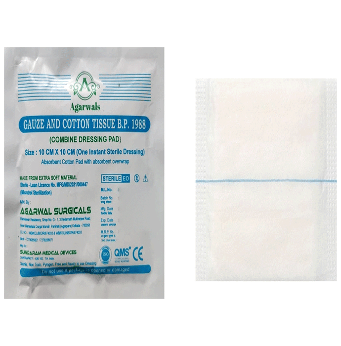 Agarwals Gauze and Cotton Tissue B.P 1988 (Combine Dressing Pad) 10cm x 10cm