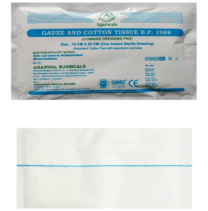 Agarwals Gauze and Cotton Tissue B.P 1988 (Combine Dressing Pad) 10cm x 20cm