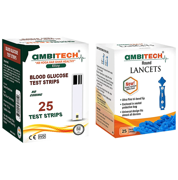 Ambitech Combo Pack of 25 Blood Glucose Test Strip & 25 Round Lancet