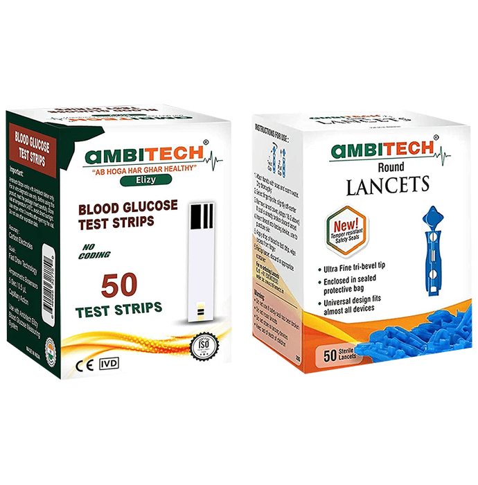 Ambitech Combo Pack of 50 Blood Glucose Test Strip & 50 Round Lancet