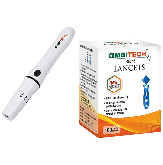 Ambitech Combo Pack of Adjustable Lancing Device with Ambitech 100 Round Lancets