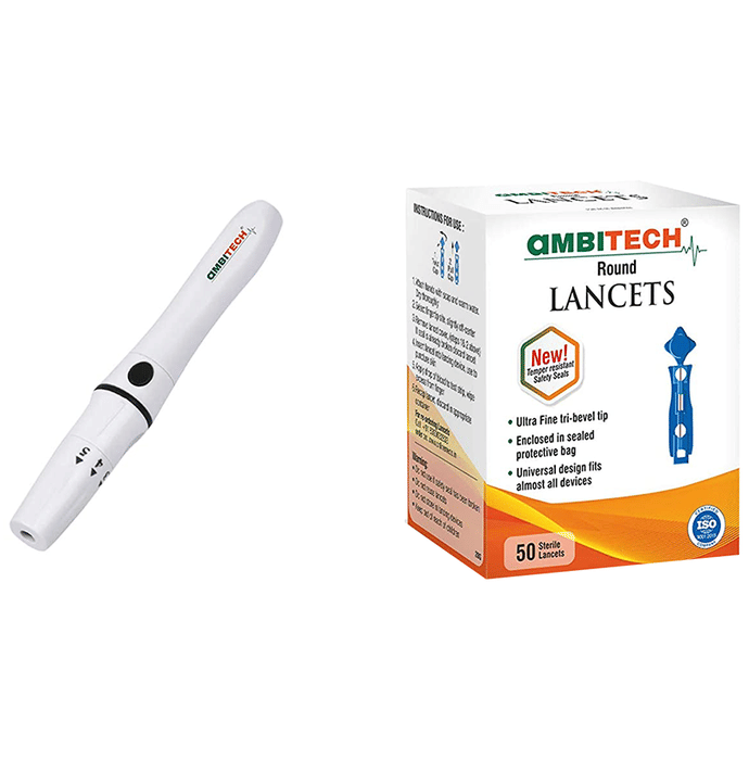 Ambitech Combo Pack of Adjustable Lancing Device with Ambitech 50 Round Lancets