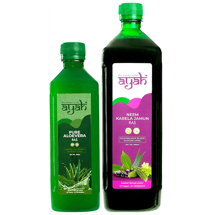 Ayah Combo Pack of Pure Alovera Ras (500ml) & Neem Karela Jamun Ras (1000ml)