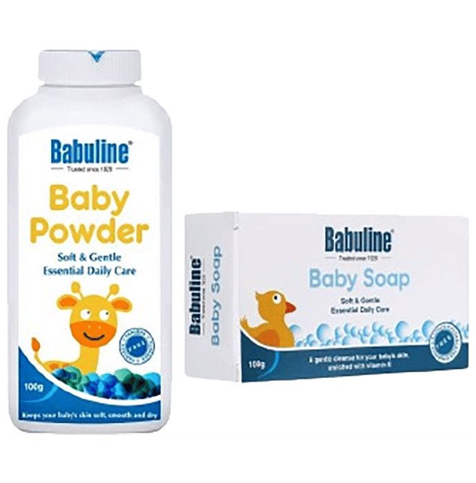 Babuline Baby Powder 100gm (Pack of 2) & Baby Soap 100gm (Pack of 2) Each Travel Kit | Suitable & Safe for newborn babies | Vitamin E | Paraben & Sulphate Free | Dermatologically tested