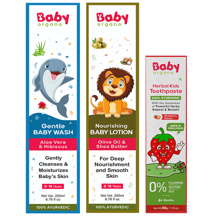 Baby Organo Combo Pack of Gentle Baby Wash 200gm, Nourishing Baby Lotion 200gm And Herbal Kids Toothpaste 50gm