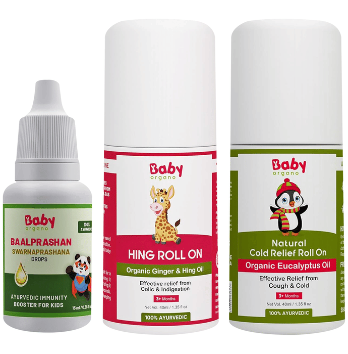 Baby Organo Combo Pack of Swarnaprashan (15ml), Hing Roll On (40ml) & Cold Relief Roll On (40ml)