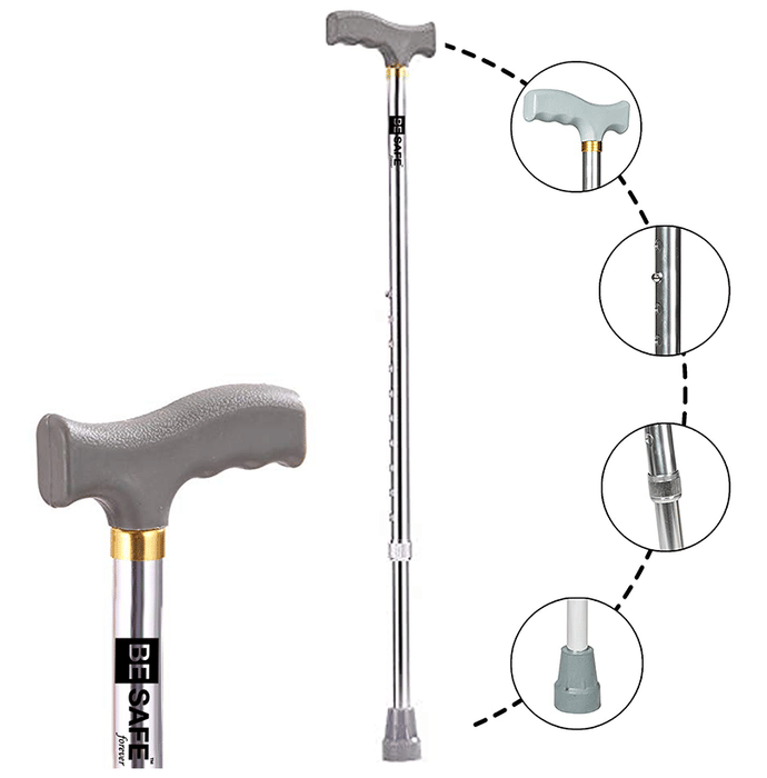 Be Safe Forever Height Adjustable Walking Stick Aluminium Grey