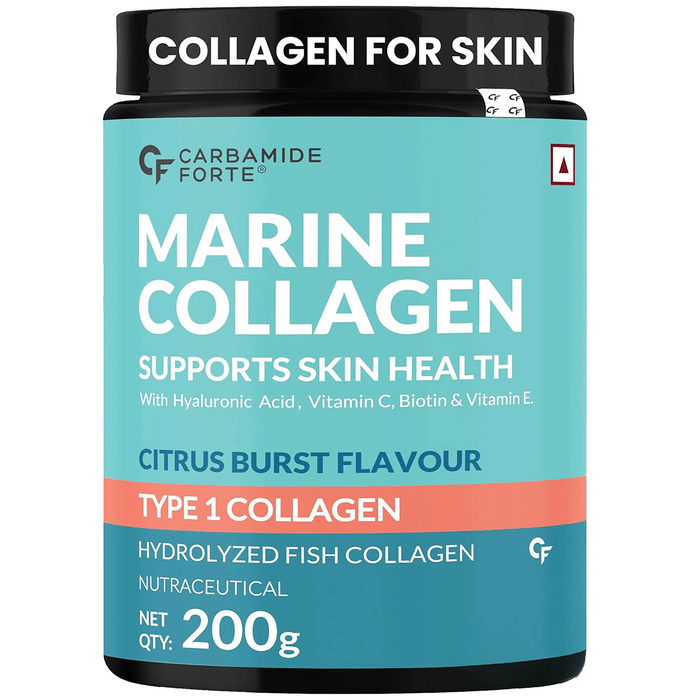 Carbamide Forte Marine Collagen Type 1 with Hyaluronic Acid & Vitamin C | For Skin, Hair & Nails | Flavour Citrus Burst