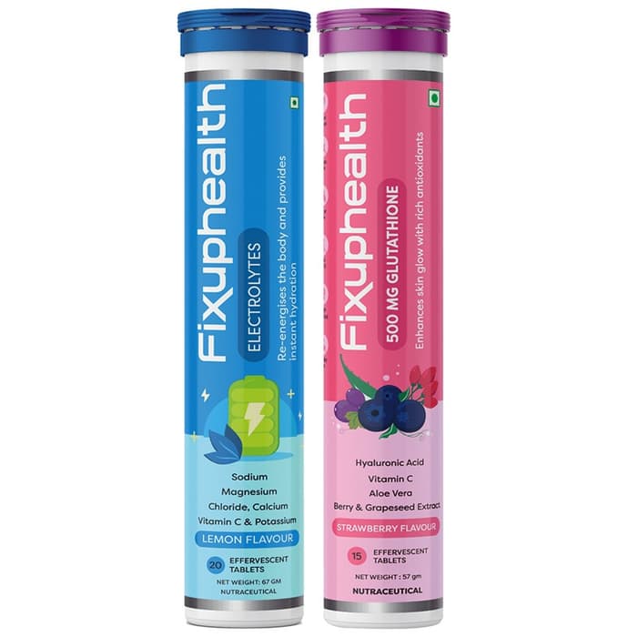 Combo Pack of Fixuphealth Electrolytes Effervescent Tablet Lemon (20) & Fixuphealth Glutathione 500mg Effervescent Tablet Strawberry (15)
