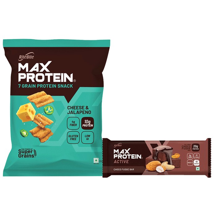 Combo Pack of Ritebite Max Protein Active Choco Fudge (75gm) & Max Protein Chips Cheese Jalapeno (60gm)