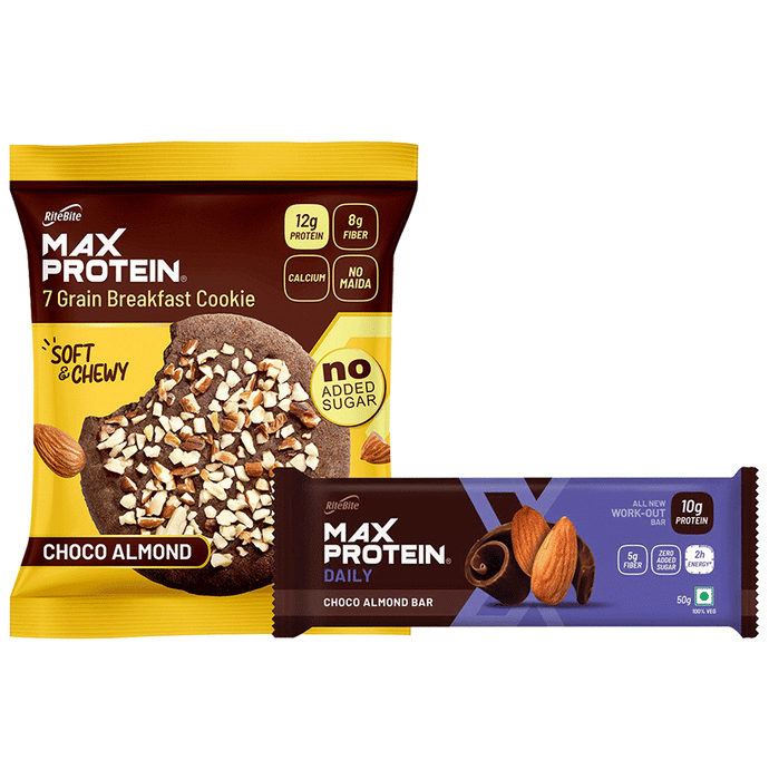 Combo Pack of RiteBite Max Protein Cookies Choco Almond Cookies (60 gm) & Max Protein Daily Choco Almond Bar (50 gm)