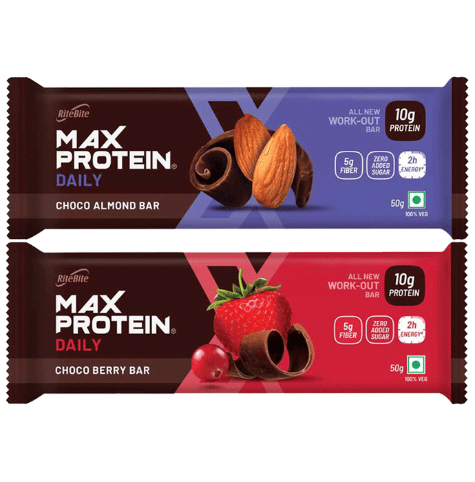 Combo Pack of Ritebite Max Protein Daily Choco Almond Bar (50gm) & Max Protein Choco Berry Bar (50gm)