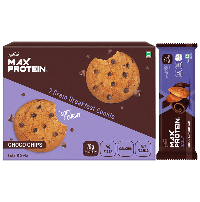 Combo Pack of Ritebite Max Protein Daily Choco Almond Bar (50gm) & Max Protein Cookies Choco Chips (55gm)