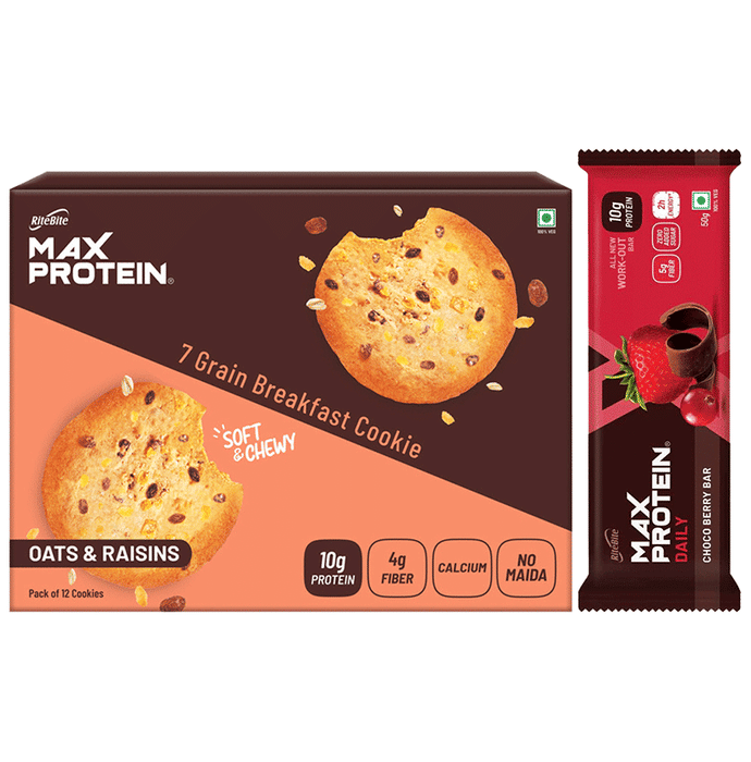 Combo Pack of Ritebite Max Protein Daily Choco Berry Bar (50 gm) & Max Protein Cookies Oats & Raisins (55 gm)
