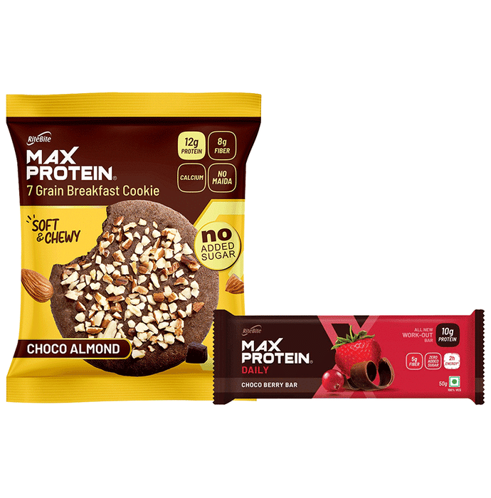 Combo Pack of Ritebite Max Protein Daily Choco Berry Bar (50 gm) & RiteBite Max Protein Cookies Choco Almond Cookies (60 rajgm)