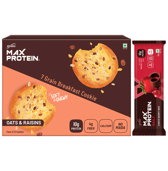 Combo Pack of Ritebite Max Protein Daily Choco Berry Bar (50gm) & Max Protein Cookies Oats & Raisins (55gm)