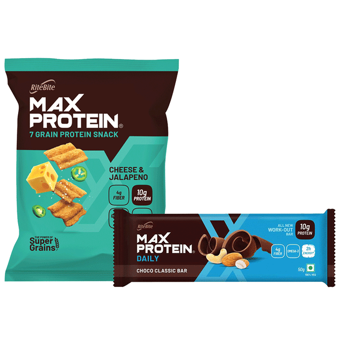 Combo Pack of Ritebite Max Protein Daily Choco Classic Bar (50 gm) & Max Protein Chips Cheese Jalapeno (60 gm)