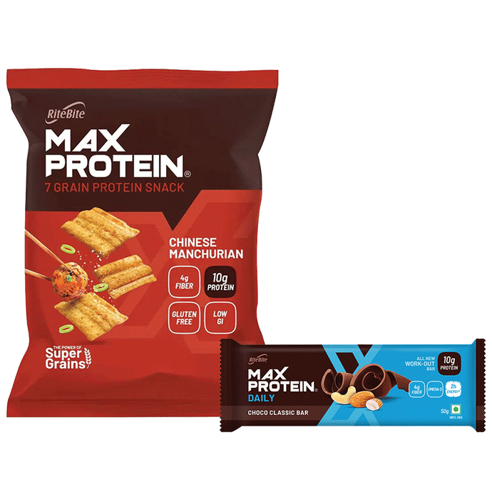 Combo Pack of Ritebite Max Protein Daily Choco Classic Bar (50gm) & Max Protein Chips Chinese Manchurian (60gm)
