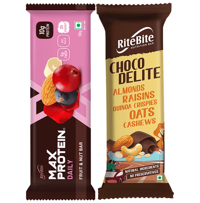 Combo Pack of Ritebite Max Protein Daily Fruit & Nuts Bar (50gm) & Choco Delite Nutrition Bar (40gm)