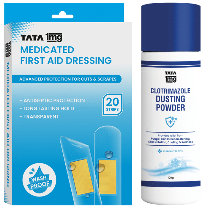 Combo Pack of Tata 1mg Antifungal Dusting Powder (100gm) & Tata 1mg Medicated First Aid Dressing - Washproof, Bandages (20)