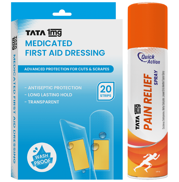 Combo Pack of Tata 1mg Pain Relief Spray (100gm) & Tata 1mg Medicated First Aid Dressing - Washproof, Bandages (20)
