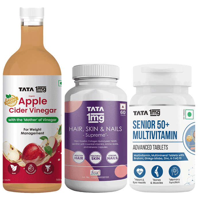Combo Pack of Tata 1mg Senior 50+ Multivitamin & Multimineral Advanced Tablet (60), Hair, Skin & Nails Supreme Capsule(60) & Organic Apple Cider Vinegar (500ml)