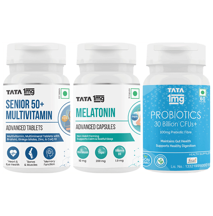 Combo Pack of Tata 1mg Senior 50+ Multivitamin & Multimineral Advanced Tablet(60),Melatonin 10mg Vegetarian Capsule &Probiotics 30 Billion CFUs+ Capsule (30)