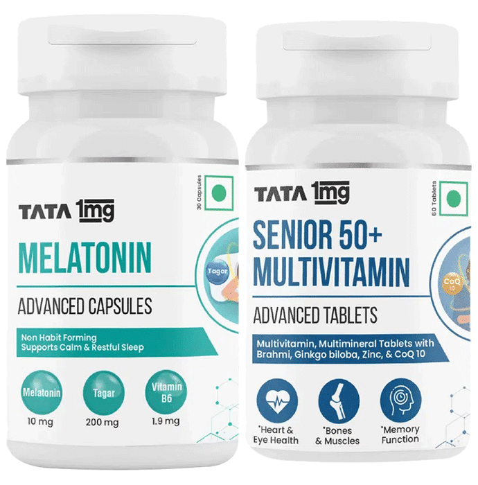 Combo Pack of Tata 1mg Senior 50+ Multivitamin Advanced Tablets (60) & Melatonin Advanced Capsules (30)