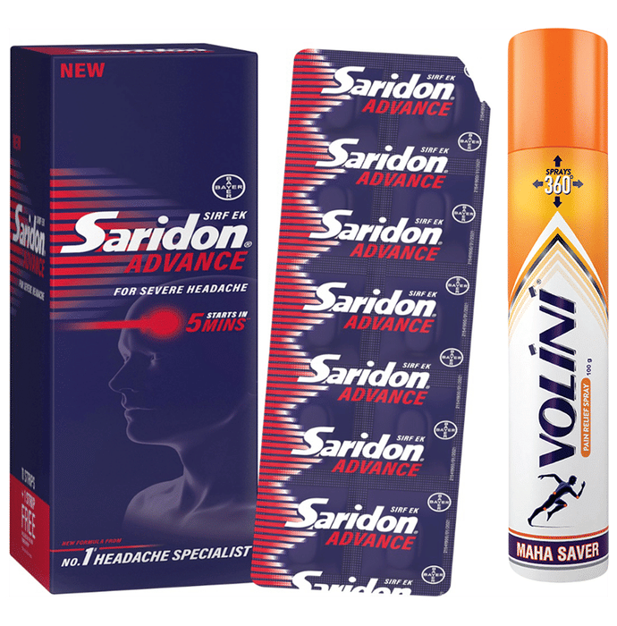 Combo Pack of Volini Spray for Sprain, Muscle and Joint Pain (100gm) & Saridon Advance Tablet for 5 in 1 Pain Relief (10)