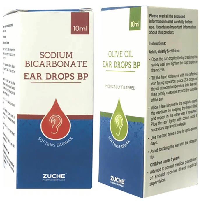 Combo Pack of Zuche Sodium Bicarbonate Ear Drop & Olive Oil Ear Drops BP (10ml Each)