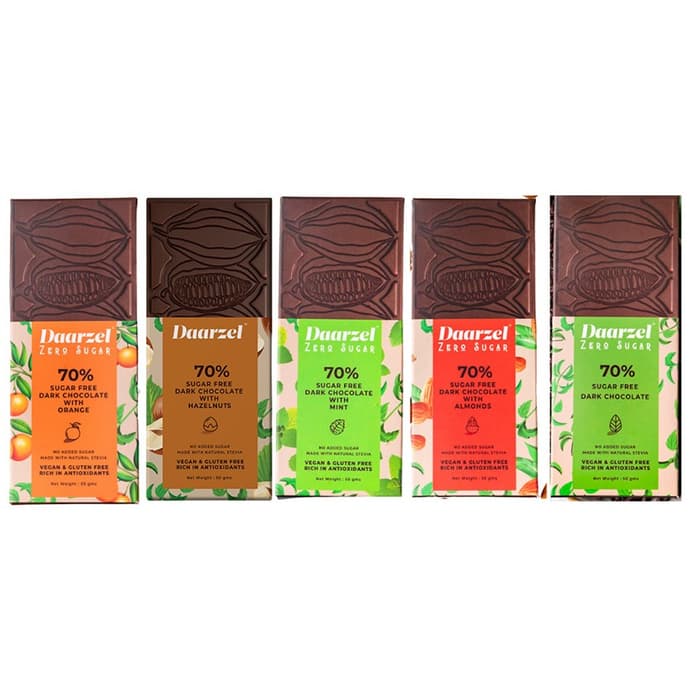 Daarzel Zero Sugar Combo Pack of 70% Sugar Free Dark Chocolate with Orange, 70% Sugar Free Dark Chocolate with Hazelnuts, 70% Sugar Free Dark Chocolate with Mint, 70% Sugar Free Dark Chocolate with Almonds & 70% Sugar Free Dark Chocolate (50gm Each)