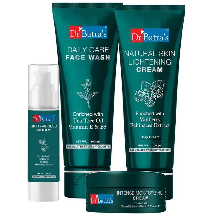 Dr Batra's Combo Pack of Face Wash Daily Care 100gm, Natural Skin Lightening Cream 100gm, Skin Fairness Serum 50gm and Intense Moisturizing Cream 100gm