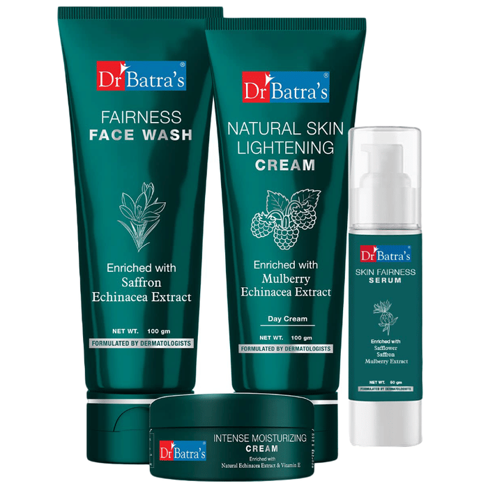 Dr Batra's Combo Pack of Fairness Face Wash 100gm, Natural Skin Lightening Cream 100gm, Skin Fairness Serum 50gm and Intense Moisturizing Cream 100gm