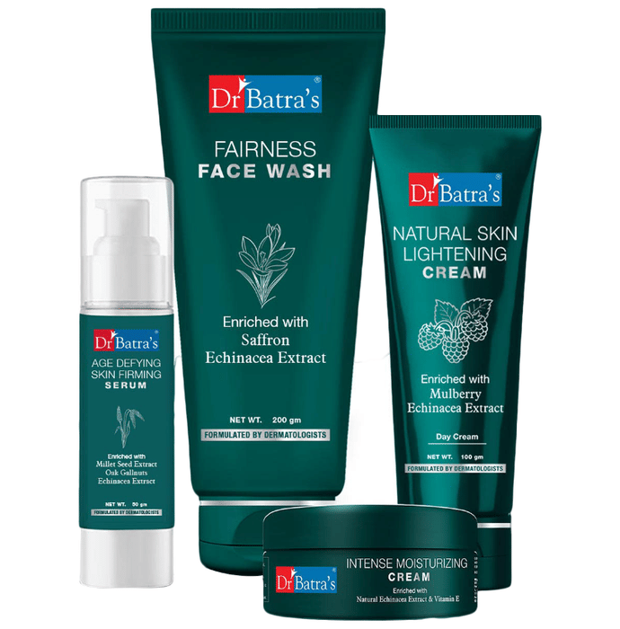 Dr Batra's Combo Pack of Fairness Face Wash 200gm, Natural Skin Lightening Cream 100gm, Age Defying Skin Firming Serum 50gm and Intense Moisturizing Cream 100gm