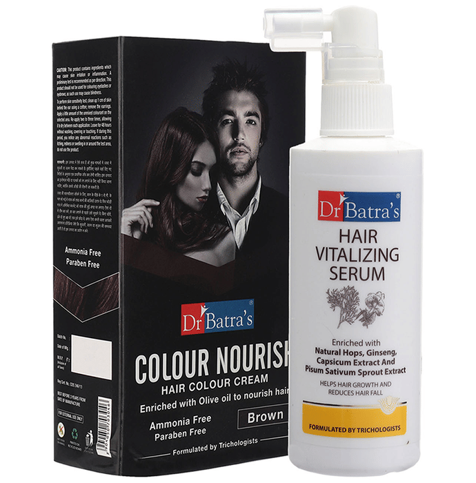 Dr Batra's Combo Pack of Hair Vitalizing Serum 125ml and Colour Nourish Hair Colour Cream 120gm Brown