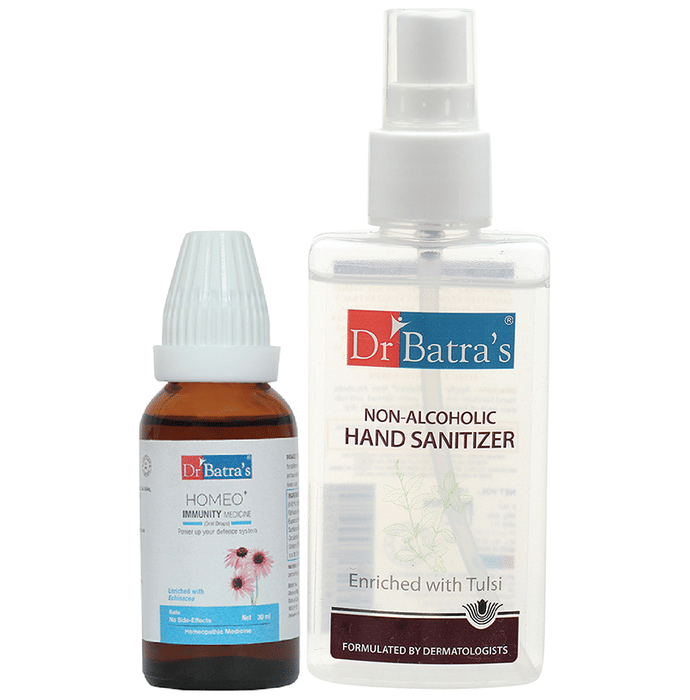 Dr Batra's Combo Pack of Homeo+ Immunity Medicine Oral Drops 30ml and Non-Alcoholic Hand Sanitizer 100ml