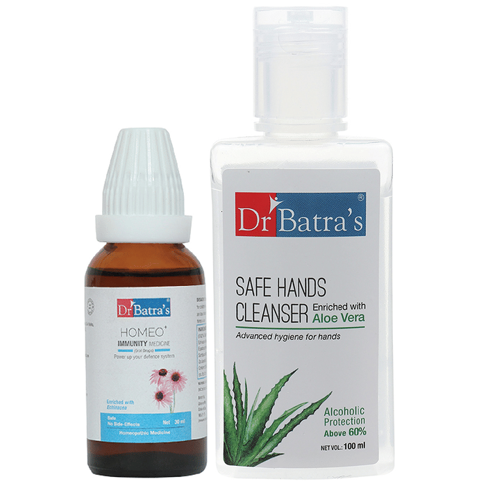 Dr Batra's Combo Pack of Homeo+ Immunity Medicine Oral Drops 30ml and Safe Hands Cleanser 100ml