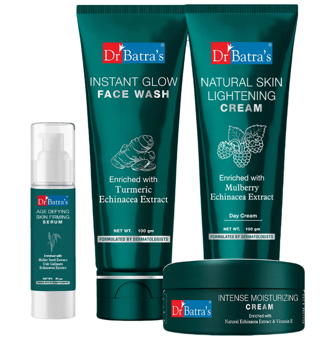 Dr Batra's Combo Pack of Instant Glow Face Wash 100gm, Natural Skin Lightening Cream 100gm, Age Defying Skin Firming Serum 50gm and Intense Moisturizing Cream 100gm