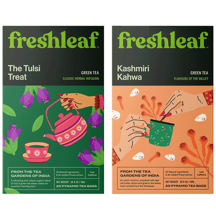 Freshleaf Combo Pack of The Tulsi Treat Green Tea Bag (20) & Kashmiri Kahwa Green Tea Bag (20)