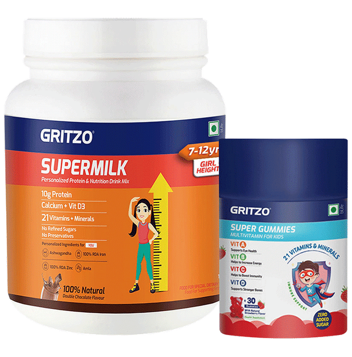Gritzo Combo Pack of Supermilk for 7-12 Yrs Girls Height+ Double Chocolate Flavour (1kg) and Super Gummies Multivitamins for Kids Natural Strawberry Flavour (30)