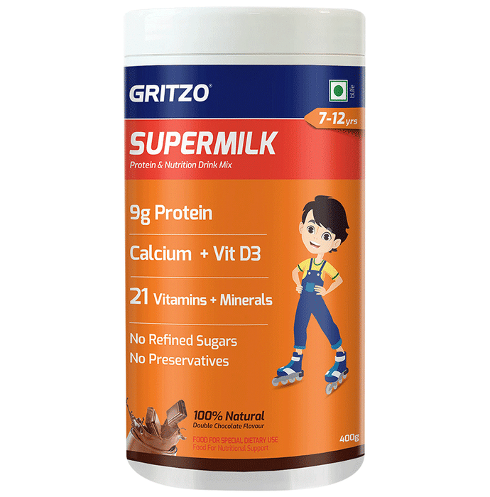 Gritzo SuperMilk for Active Kids, Protein Powder for Kids, High Protein (6 g), DHA, Calcium + D3, 21 Nutrients, No Refined Sugar, 100% Natural Double Chocolate Flavour 7-12 Yrs