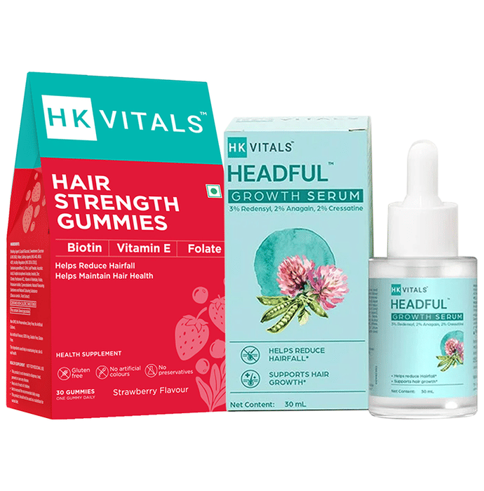 HK Vitals Combo Pack of Hair Strength Gummies, Strawberry (30) & Headful Growth Serum (30ml)