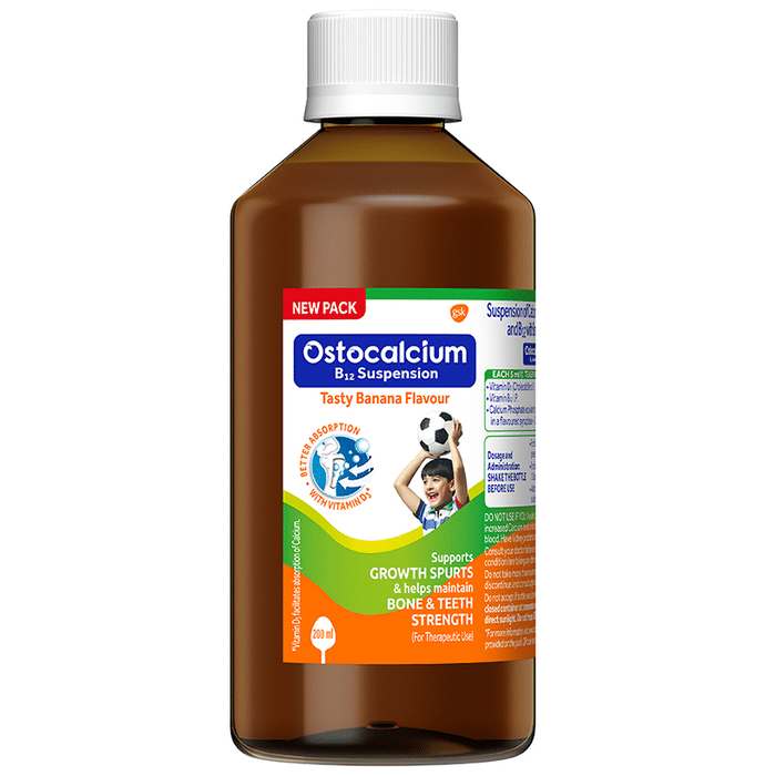 Ostocalcium B12 with Vitamin D3 | For Bones & Teeth Strength | Flavour Banana Syrup | Vitamin & Mineral Support
