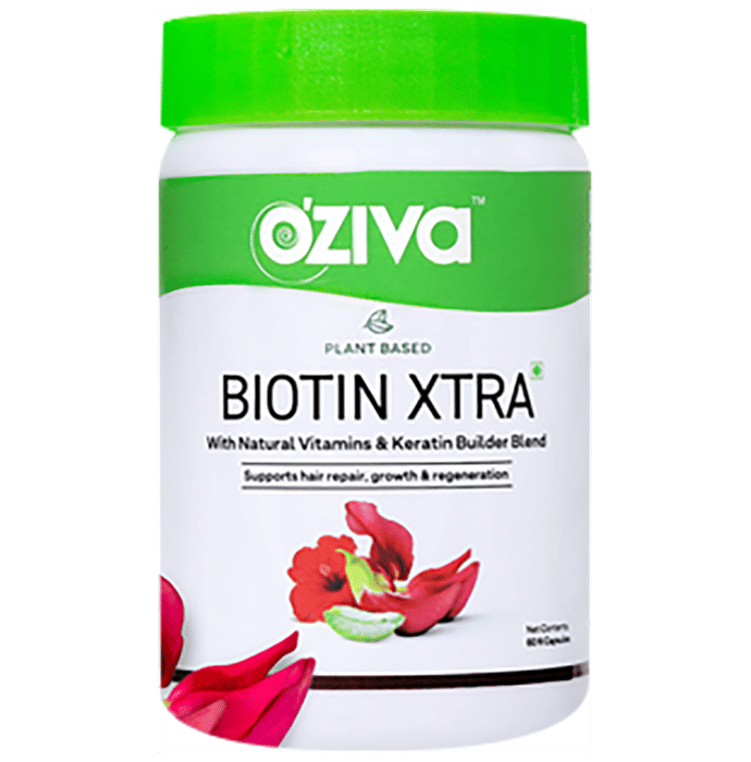 Oziva Plant Based Biotin Xtra with Natural Vitamin & Keratin Builder Blend Capsule | For Hair Repair, Growth & Regeneration