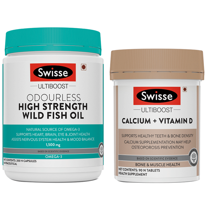 Swisse Combo Pack of Ultiboost Odourless High Strength Wild Fish Oil 200 Capsule & Ultiboost Calcium+Vitamin D 90 Tablet